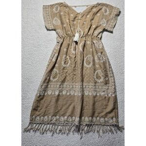 Boho Paisley Studded Fringe Midi Dress Tan V-Neck Tassel Elastic Waist Womens